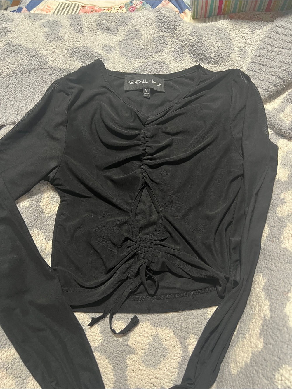 Kendall & Kylie Black Ruched Tie-Front Long Sleeve Top